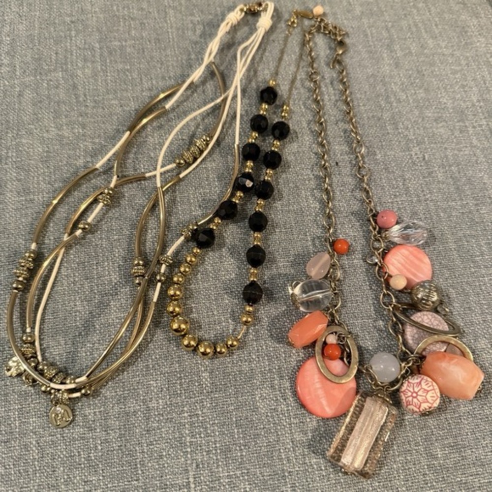 Park Lane Black And Gold Bead Peach Dangles Leather And Gold Three Necklaces